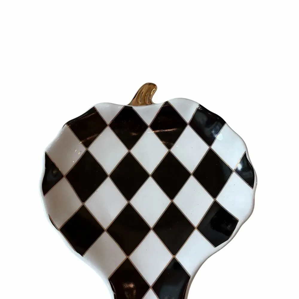 Black & White Harlequin Pumpkin Spoon Rest 10in Ceramic Checkered Halloween NEW